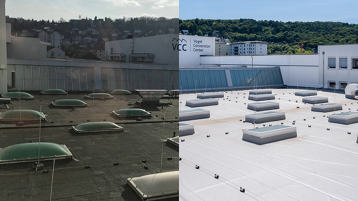 Flachdach mit Bitumenabdichtung und mehreren Flachdächern auf Industriegebäude