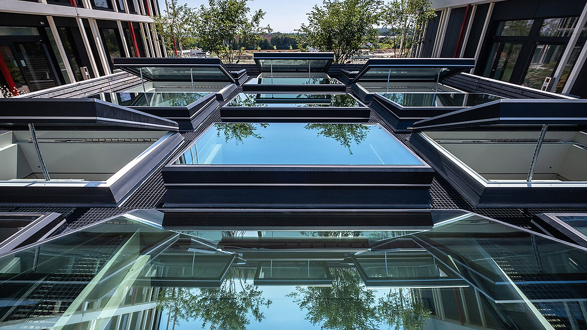 Modernes Glasdach mit Stahlkonstruktion Spiegelungen von Bäumen und blauem Himmel