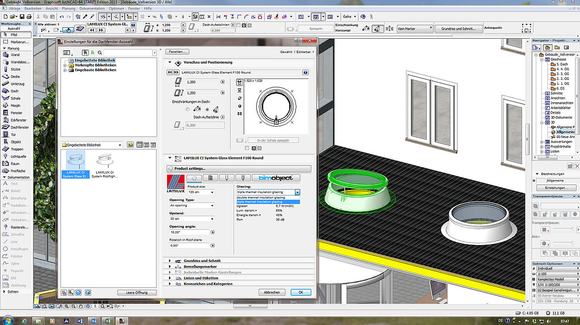 Konfiguration eines BIM Modells des LAMILUX Flachdach Fensters F100 rund