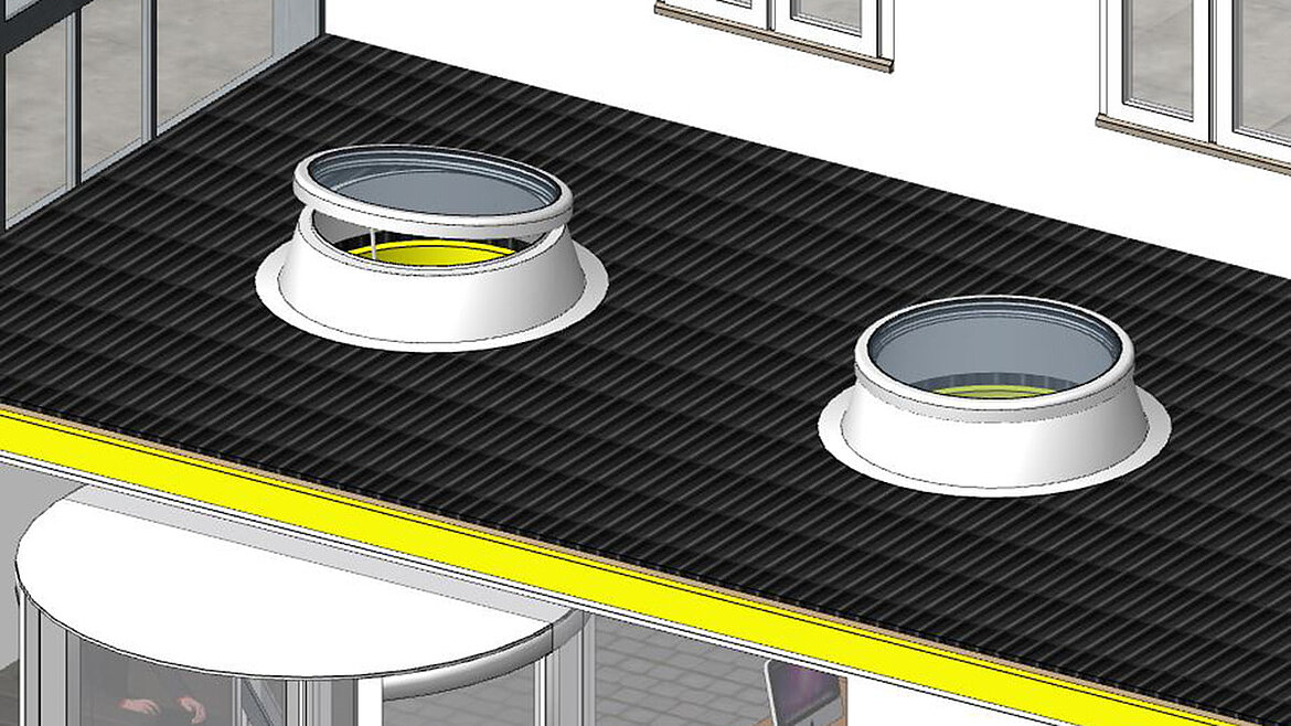 LAMILUX Flachdach Fenster F100 rund als BIM Modell im eingebauten Zustand