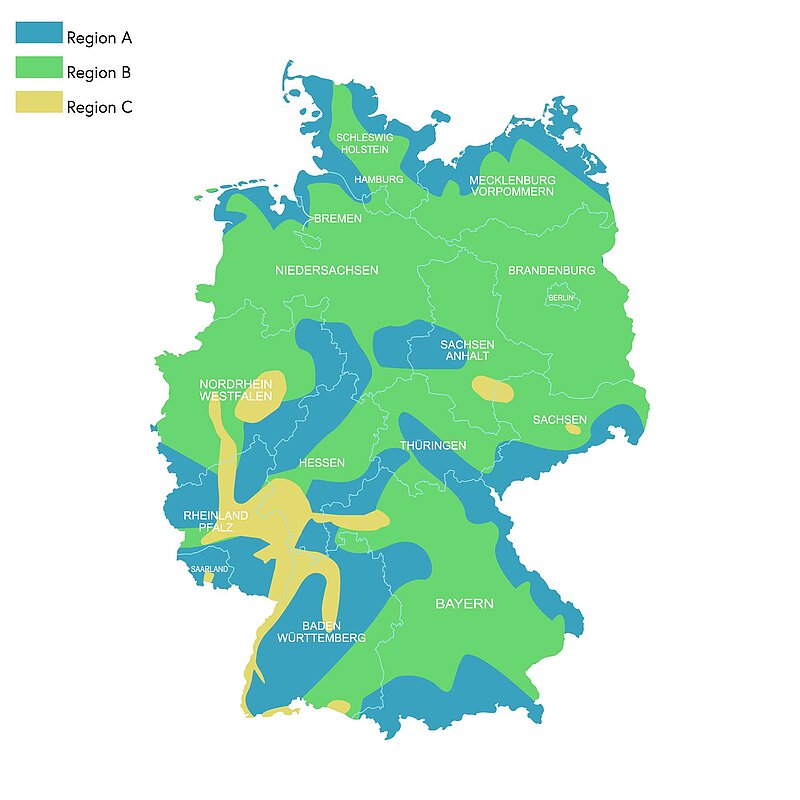 Sommerklimaregionen Deutschland nach DIN 4108-2: Karte mit Region A (kühl, blau), Region B (gemäßigt, grün) und Region C (warm, gelb) für den sommerlichen Wärmeschutz