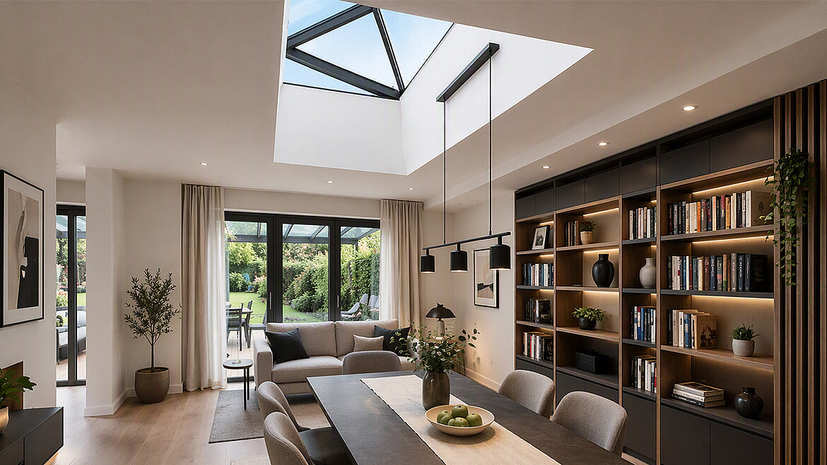 Helles offenes Wohnzimmer mit Oberlicht, Esstisch, grauem Sofa, beleuchtetem Einbauregal und Gartenblick